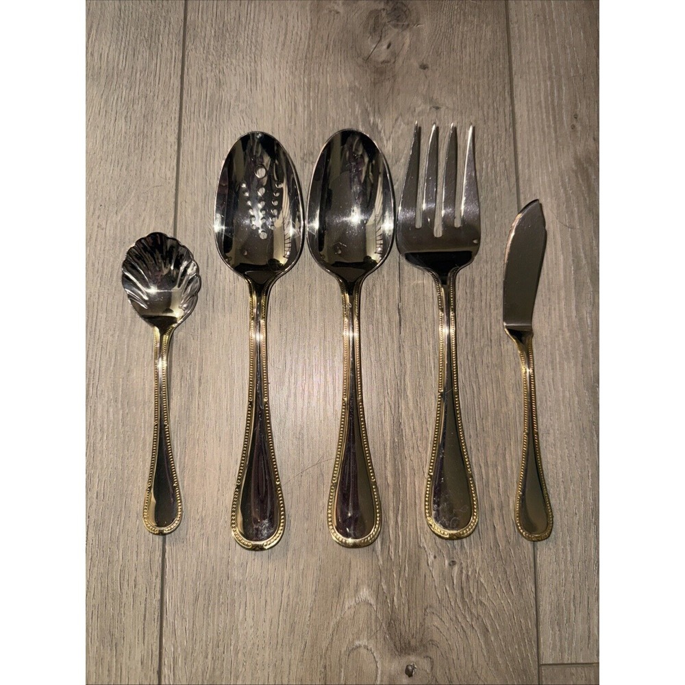 Yamazaki 5 Piece Serving Hostess Set Allegra 18/10 Stainless‎ Steel Gold Detail